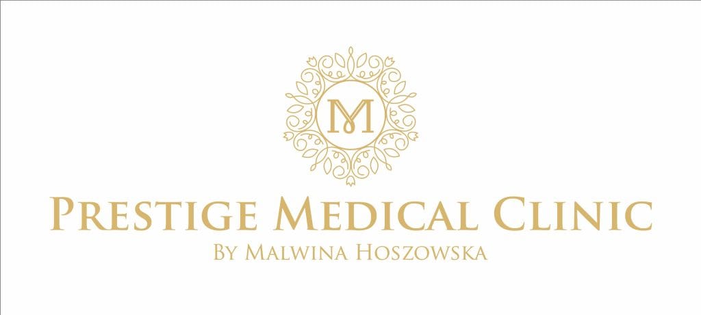 Logo Prestige Medical Clinic z eleganckim złotym ornamentem