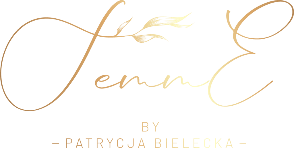 Logo Femme E by Patrycja Bielecka w złotym kolorze na czarnym tle