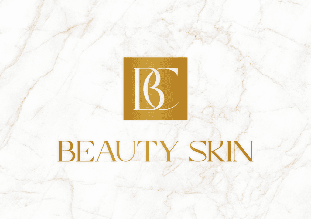 Logo Beauty Skin na marmurowym tle w złotych kolorach