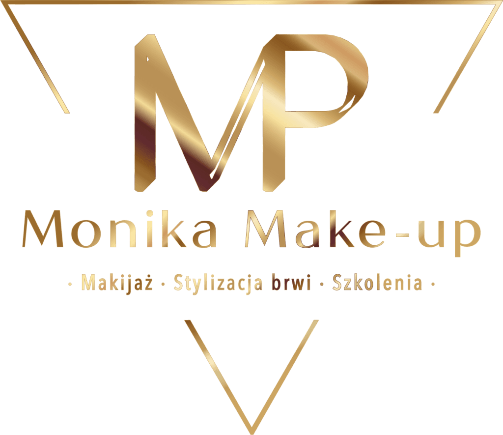 Złote logo Monika Make-up z ofertą makijażu, stylizacji brwi i szkoleń
