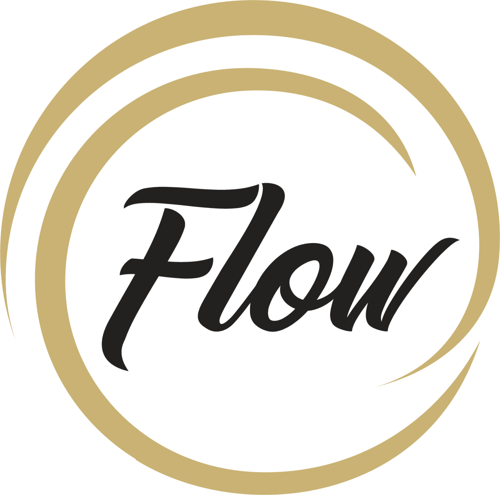 Logo Flow z złotymi okręgami na czarnym tle