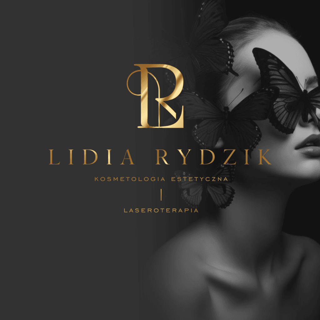 Eleganckie złote logo Lidia Rydzik na tle twarzy kobiety z motylami