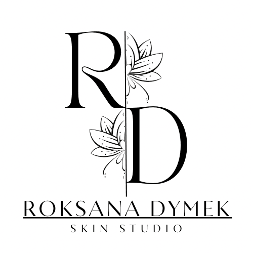 Logo studia pielęgnacji skóry Roksana Dymek z delikatnym motywem kwiatowym