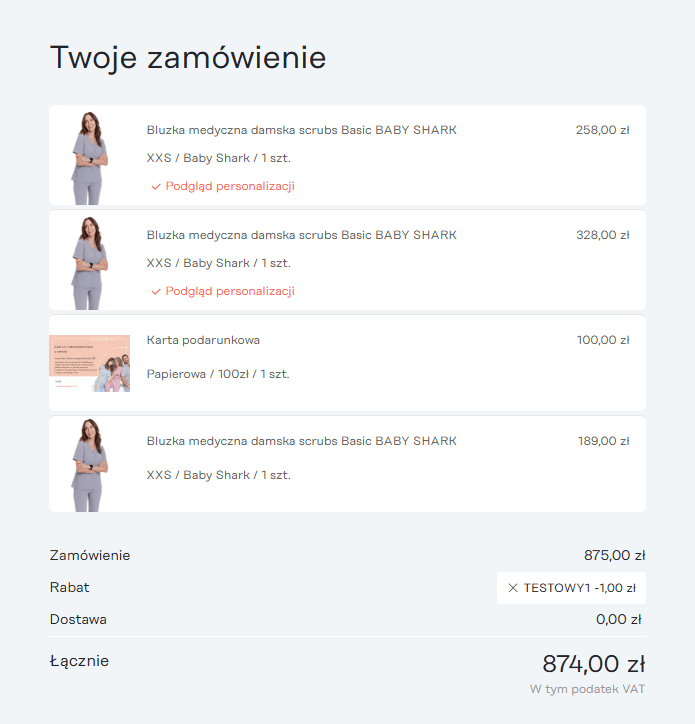 Podsumowanie zamówienia na damskie bluzy medyczne scrubs Basic BABY SHARK i kartę podarunkową