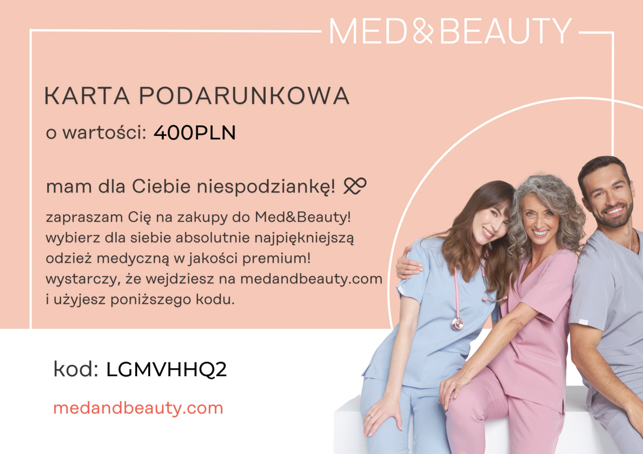 Karta podarunkowa Med&Beauty o wartości 400 PLN z kodem rabatowym oraz trzy osoby w medycznej odzieży premium.