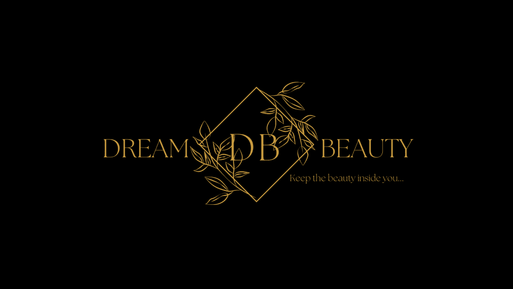 Eleganckie logo Dream Beauty z motywem delikatnych liści w złotym kolorze na czarnym tle.