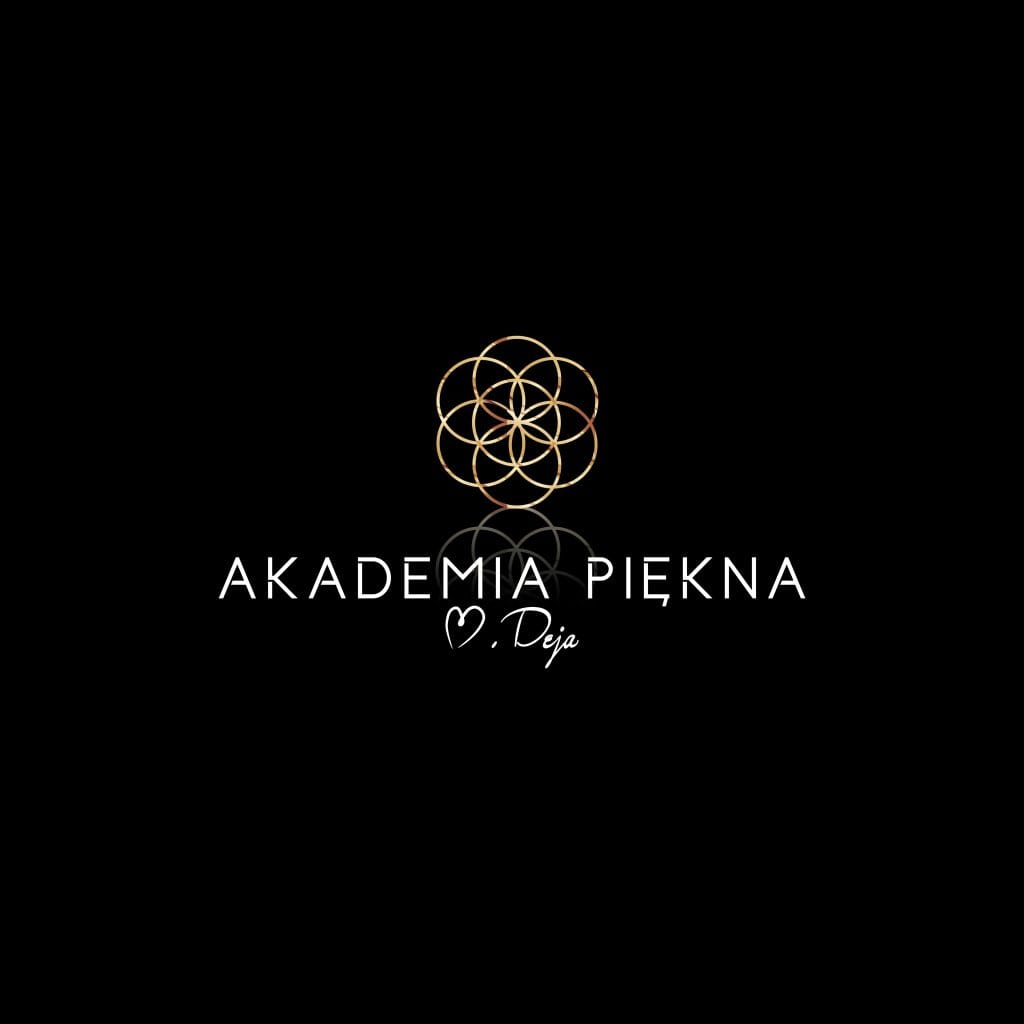 Logo Akademii Piękna z geometrycznym wzorem w kolorze złotym na czarnym tle