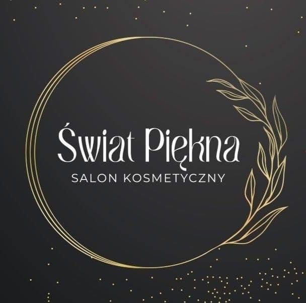 Logo salonu kosmetycznego Świat Piękna z eleganckim złotym zdobieniem