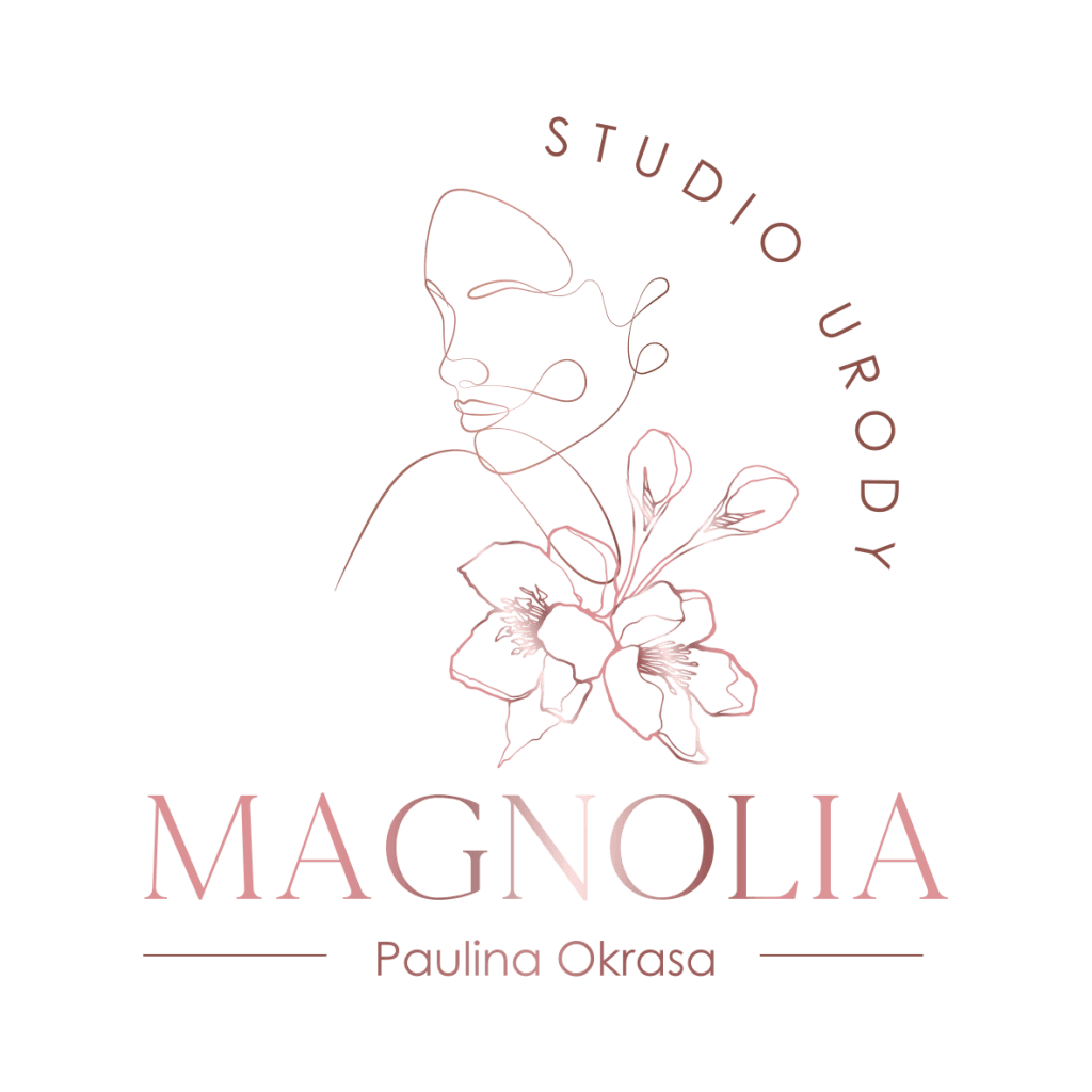 Logo studia urody Magnolia z delikatną liniową ilustracją kobiety i kwiatów magnolii