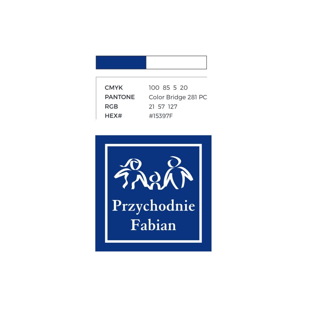 Logo Przychodnie Fabian na niebieskim tle z białymi sylwetkami rodziny