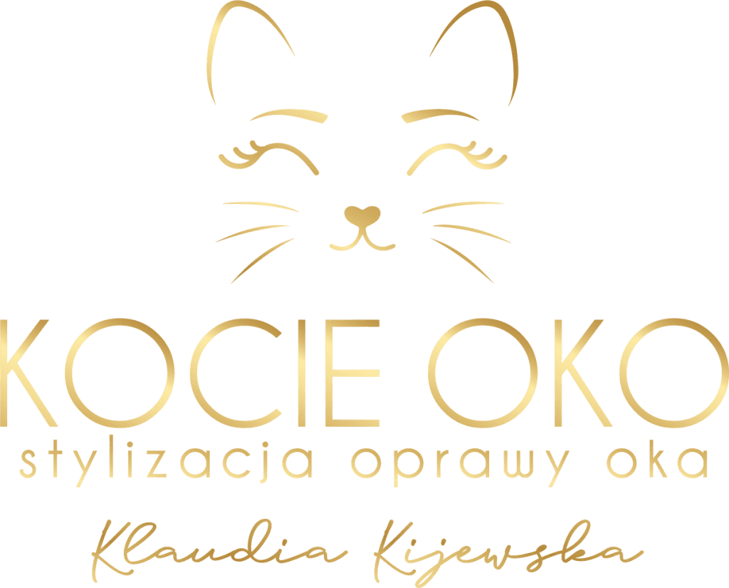 Złote logo z kotem i napisem KOCIE OKO stylizacja i oprawa oka