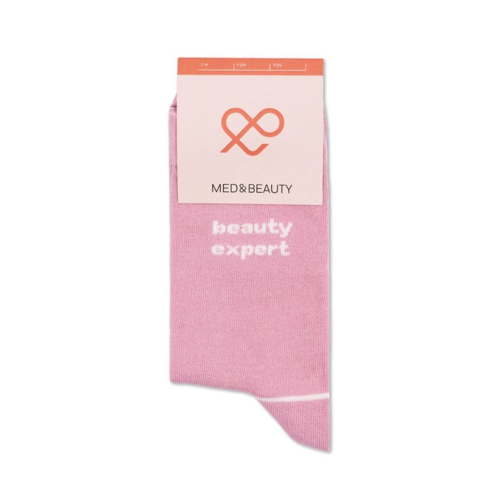 Różowe skarpetki medyczne z napisem beauty expert