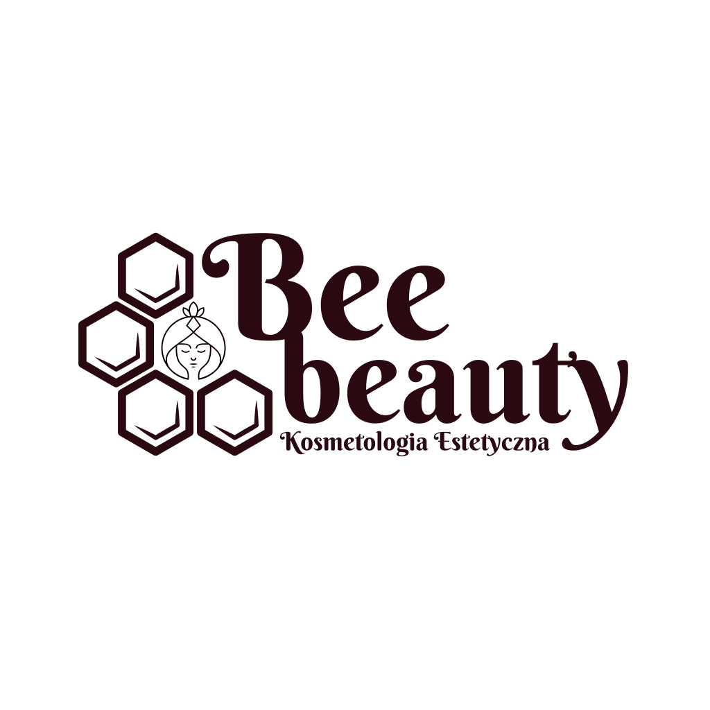 Logo Bee Beauty z sześciokątami przypominającymi plastry miodu i symbolem twarzy kobiety
