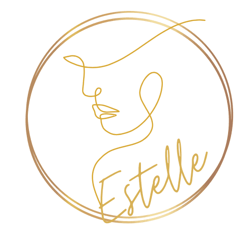 Logo Estelle z delikatnym, złotym szkicem twarzy w kołowym obramowaniu