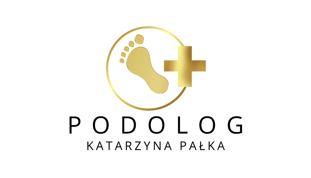 Logo podologa Katarzyny Pałki z symbolem stopy i krzyża medycznego w kolorze złotym