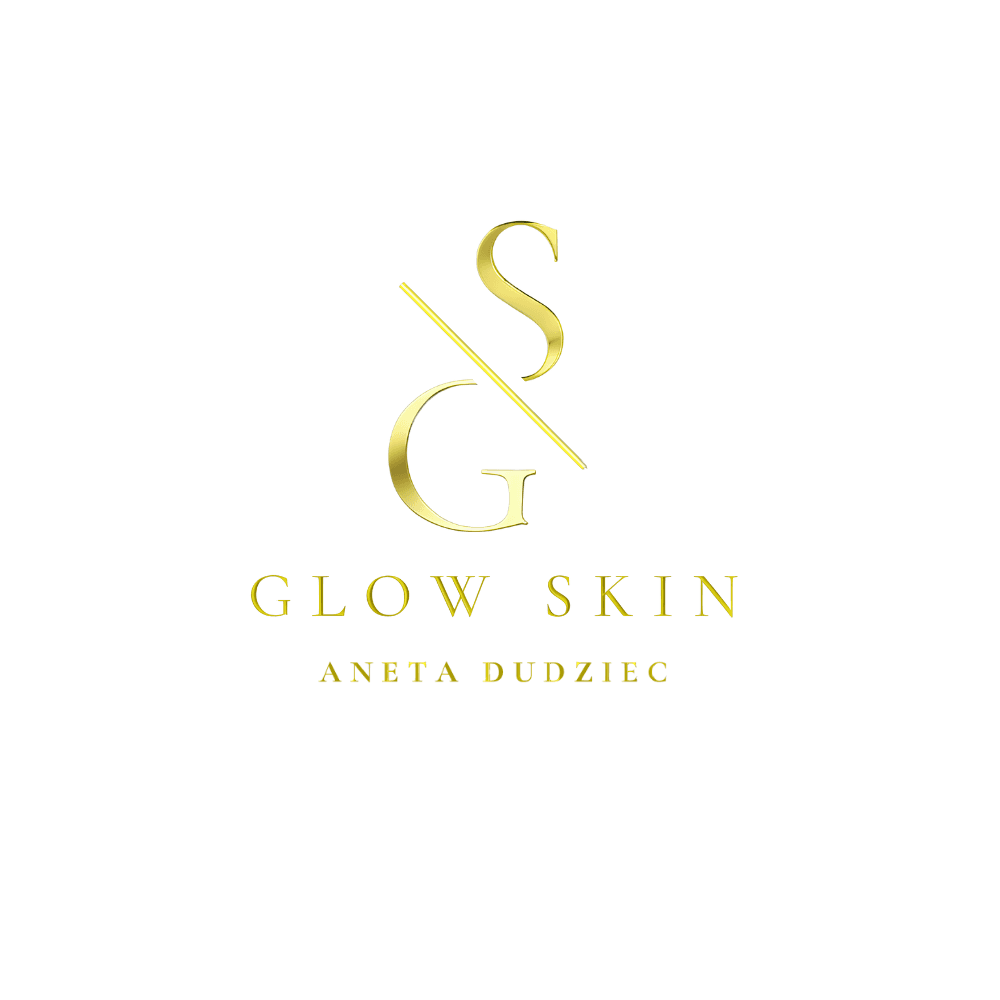 Złote logo GLOW SKIN z nazwiskiem Aneta Dudziec na białym tle