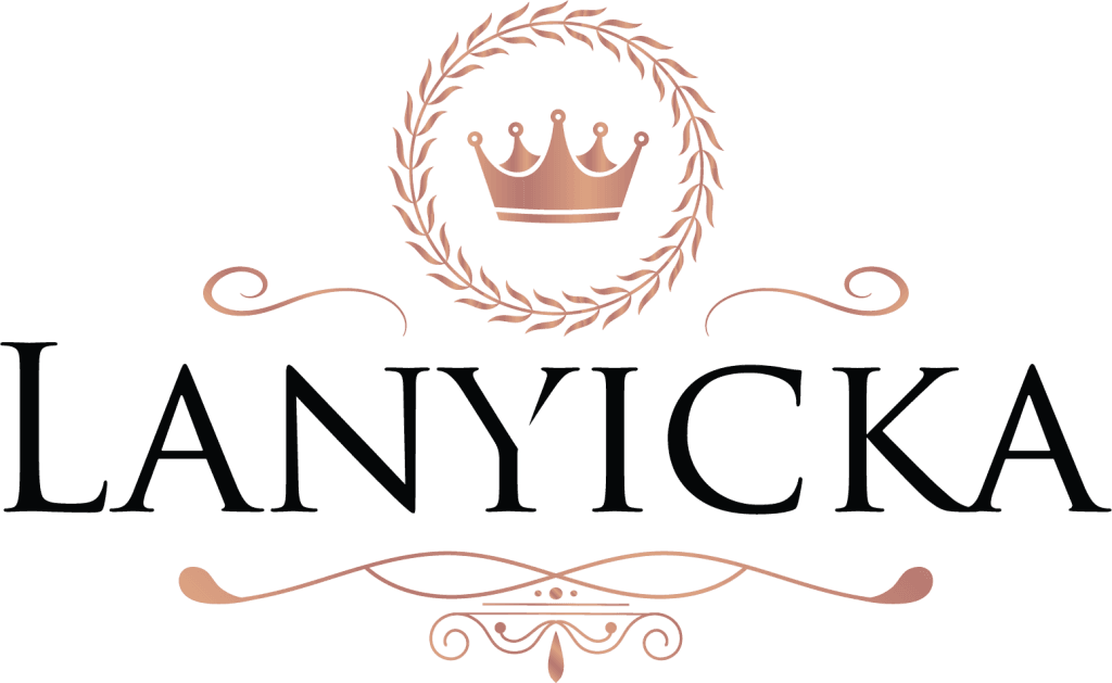 Logo Lanyicka z koroną i dekoracyjnymi elementami w odcieniach złota
