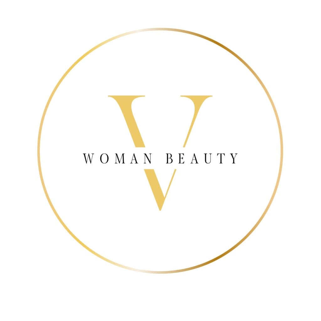 Logo Woman Beauty z elegancką złotą literą V w okręgu