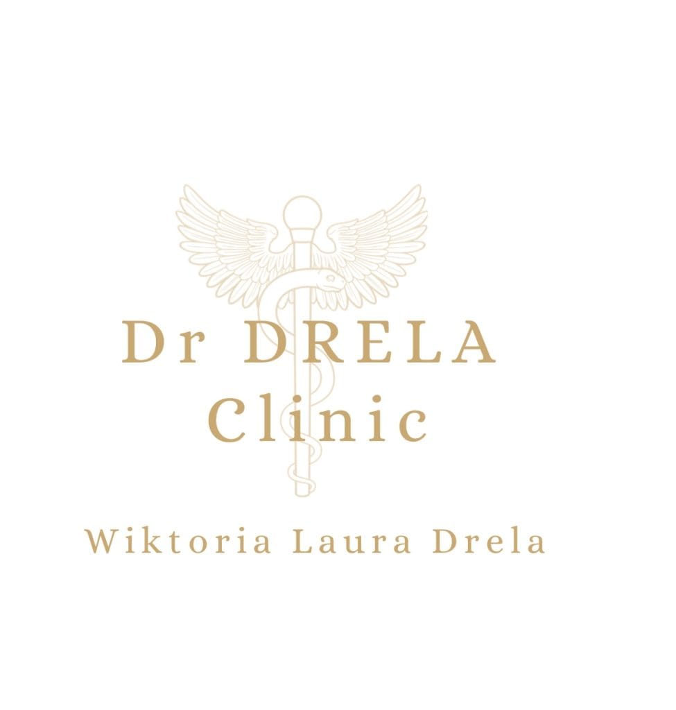 Logo kliniki medycznej Dr Drela z symbolem kaduceusza w tle