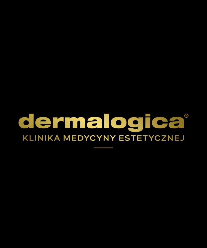 Logo kliniki medycyny estetycznej Dermalogica w złotym kolorze na czarnym tle