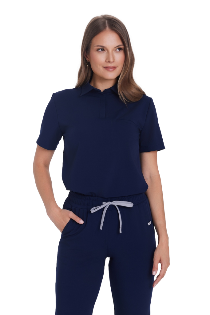 Women’s medical blouse scrubs basic polo navy blue