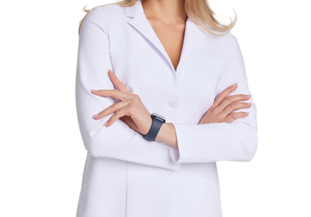 Woman in white LAB Premium women's medical gown with arms folded