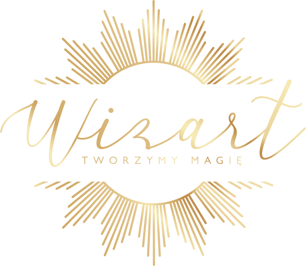 Złote logo Wizart z promieniami w stylu artystycznym