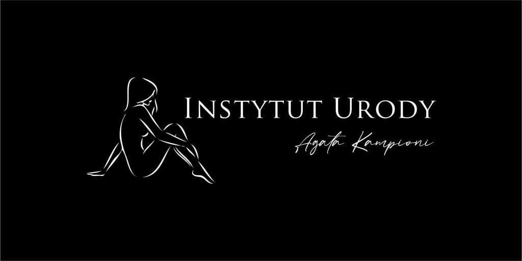 Logo Instytutu Urody z delikatnym zarysem siedzącej kobiety na czarnym tle