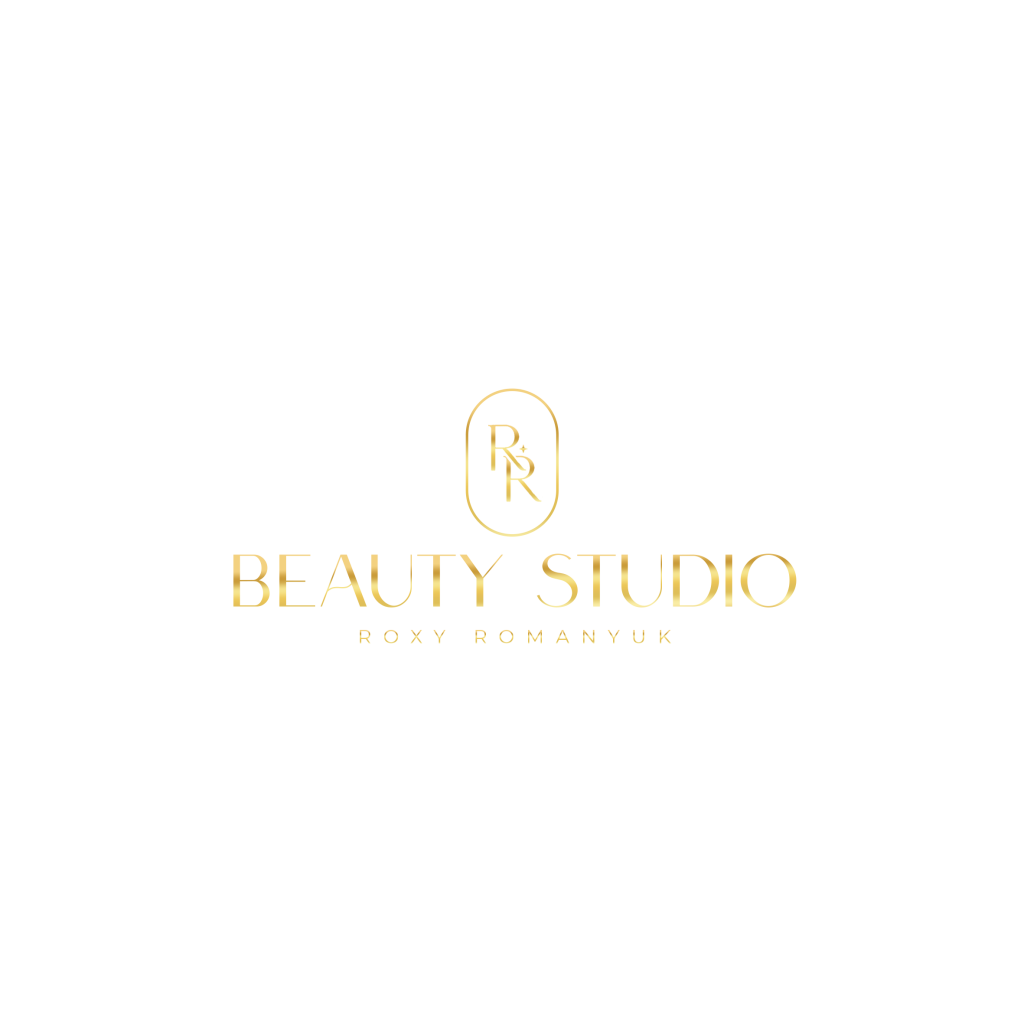 Złote logo Beauty Studio na czarnym tle