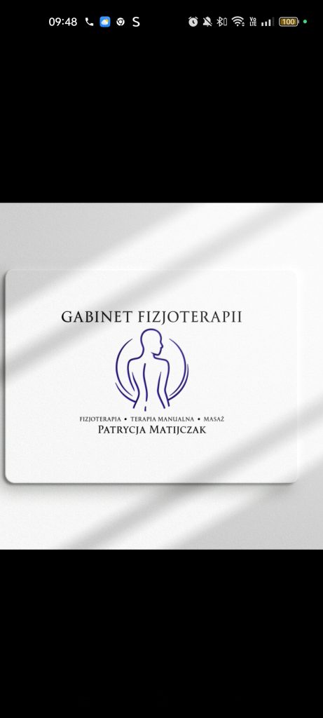 Logo gabinetu fizjoterapii z sylwetką człowieka i tekstem dotyczącym terapii manualnej i masażu.
