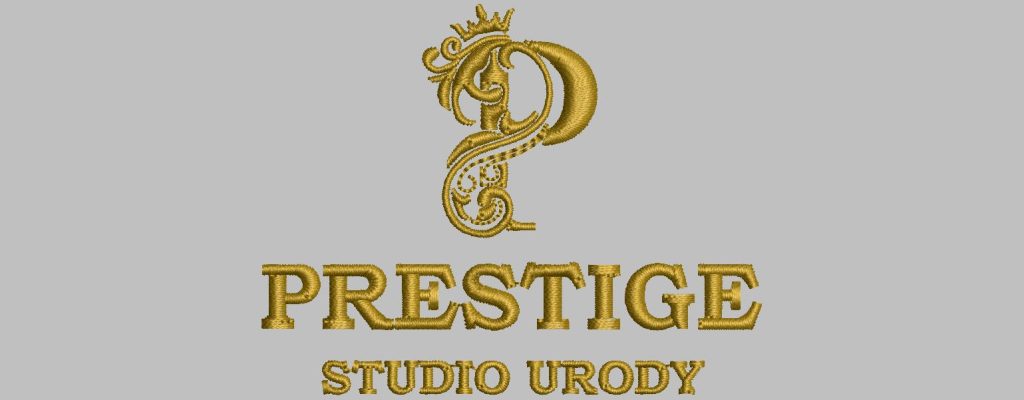 Złote logo Prestiege Studio Urody na szarym tle