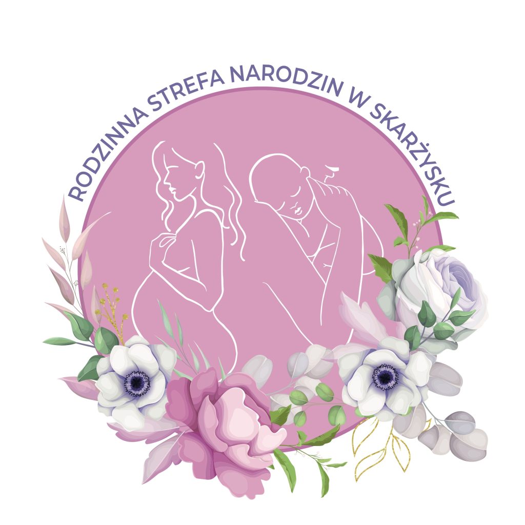 Ilustracja przedstawiająca kobietę w ciąży, noworodka i rodzica z kwiatową dekoracją.