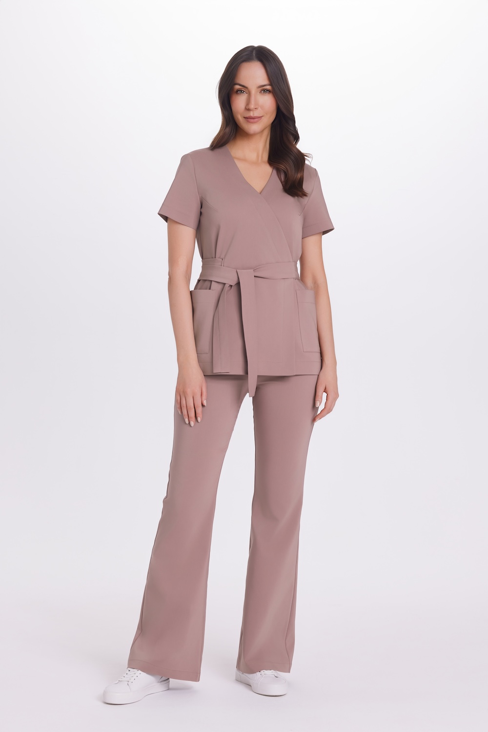 Tunika medyczna kopertowa damska z krótkim rękawem Premium Mocca