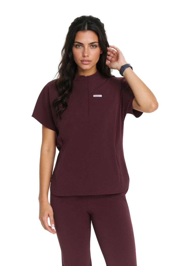 Women’s medical blouse scrubs Basic Flex Plum in chocolate