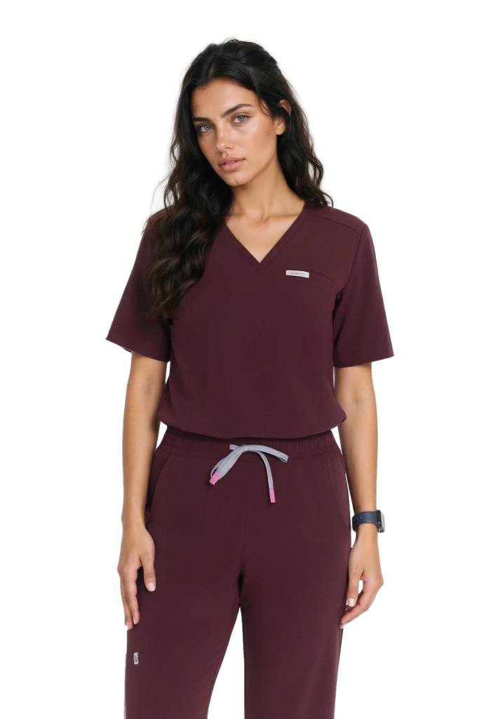 Women’s medical blouse scrubs Basic One Pocket Plum in chocolate